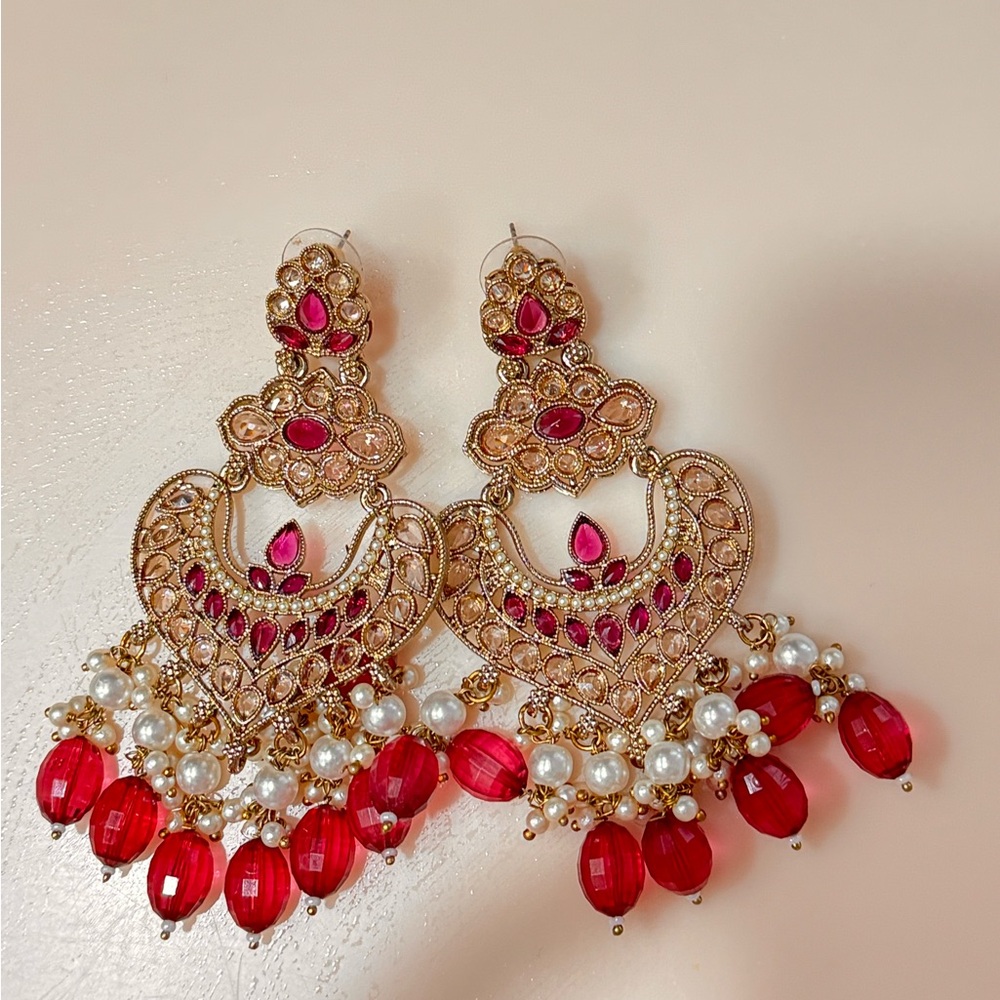 Elegant Gold and Red Chandelier Earrings